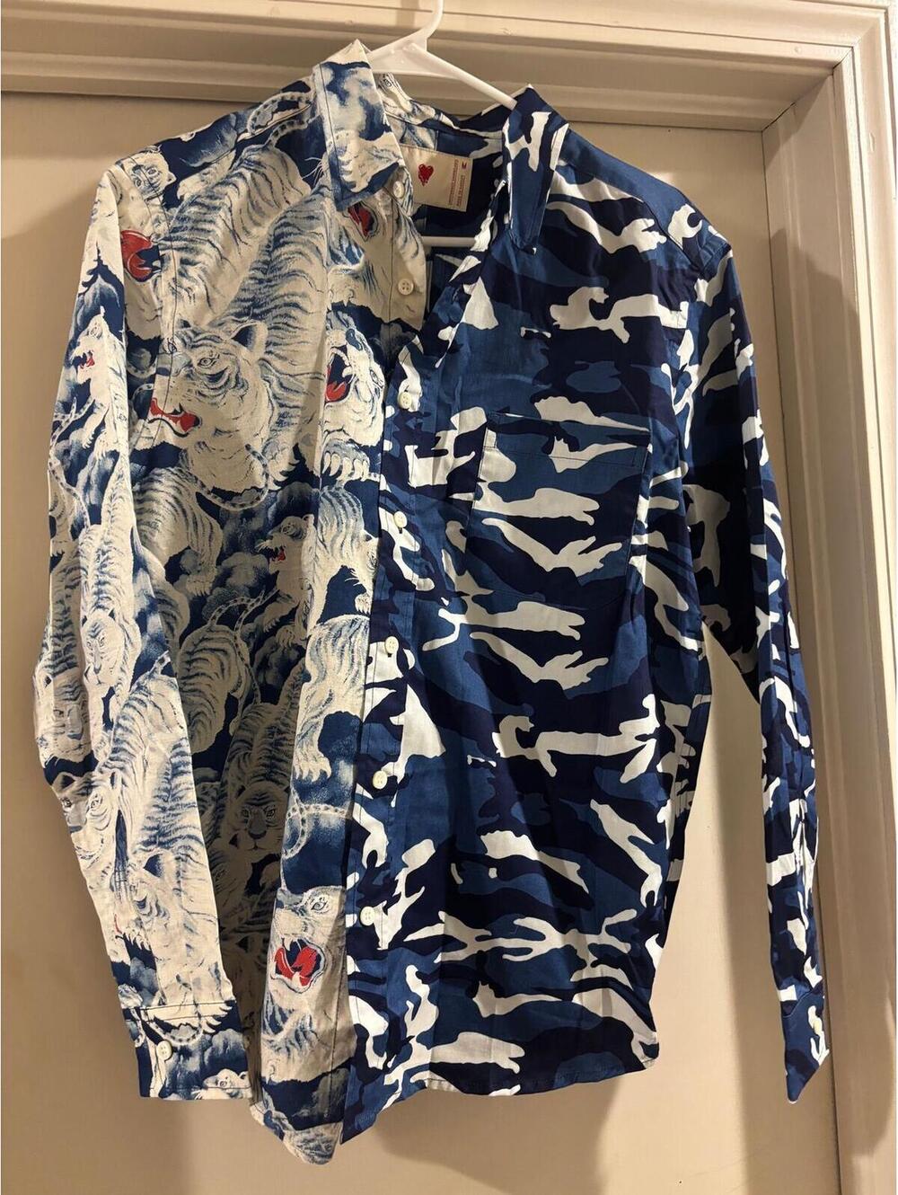Emotionally Unavailable Split Print Button Down Shirt Blue Camo Tiger Medium